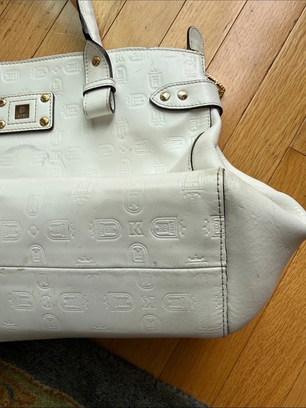 Kem White Embossed Tote Bag with Gold Hardware